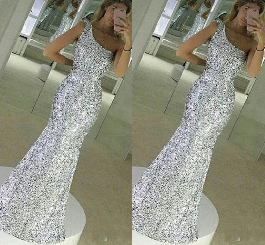 2017 New Sparkle Bling Silver Prom Dresses Sequins Lace Long Mermaid