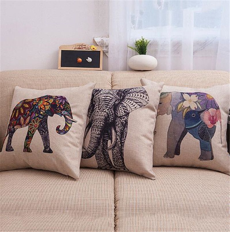 Generic Bright Color Flower Elephant Burlap Pillow Cases Cushion