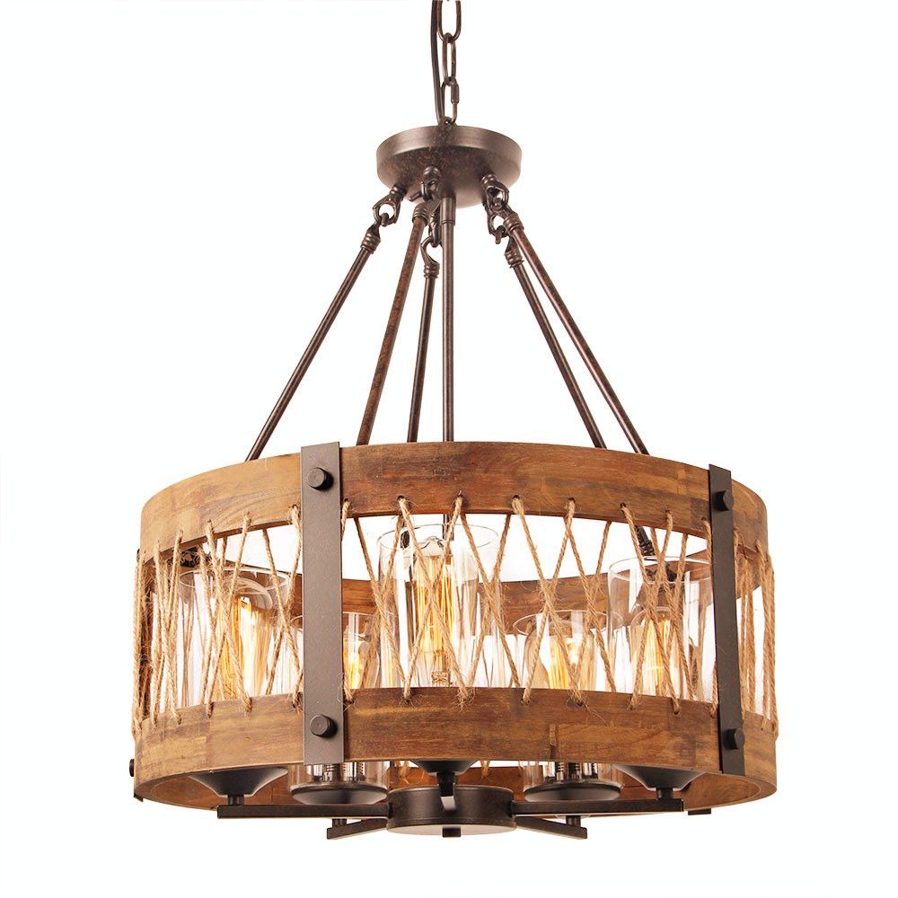 Round Wooden Chandelier With Clear Glass Shade Retro Rustic Loft Round Wooden Chandelier With Clear Glass Shade Retro Rustic Loft Antique Lamp Edison Bulb Vintage Pipe Sconce Decorative Light Fixtures Contemporary