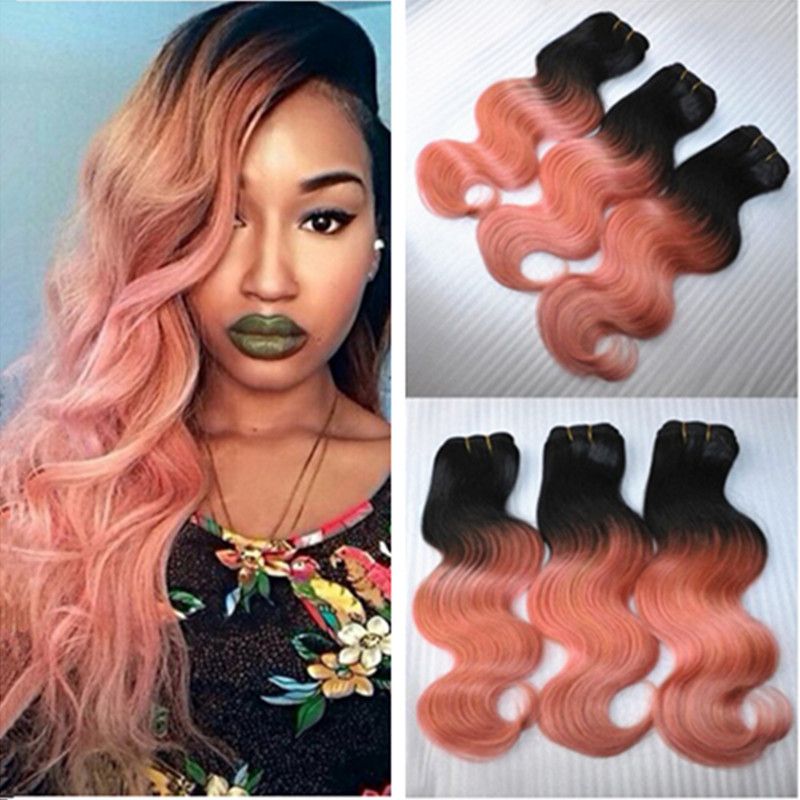 3 Bundles Rose Gold Ombre Hair Extensions Two Tone Color 1B/Pink Ombre ...