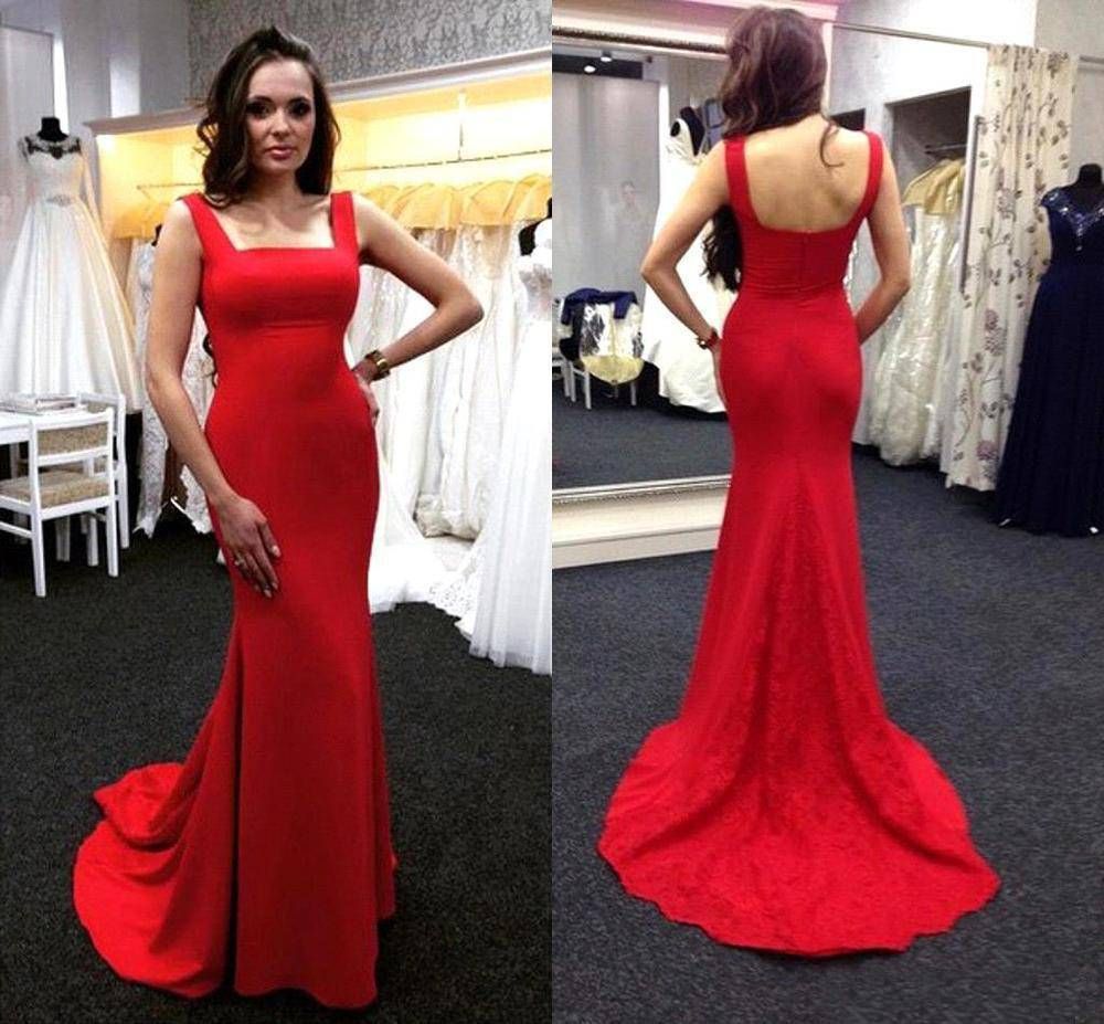 red square neck prom dress