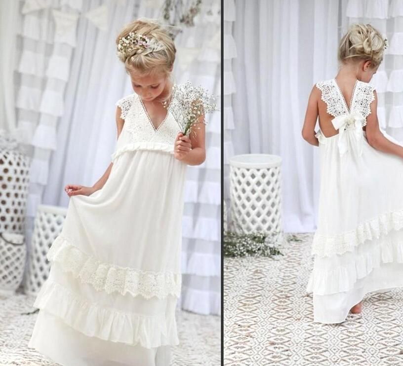 .2017 Bohemian Summer Beach Flower Girl Dresses V Neck Vintage Lace