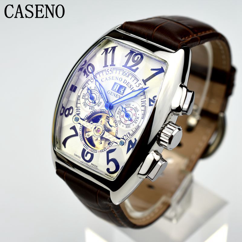 CASENO Automatic Mechanical Men Watch Fashion Skeleton Leather Military