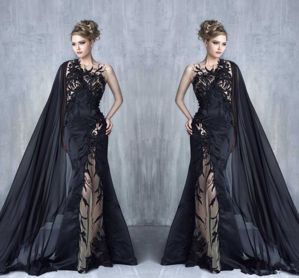 Lace Avec Illusion Tulle Celebrity Soirée 2017 Tony Appliques Bal Chaaya Applique Wear Cape Sirène Formal Beaded Sexy Robes Black De OvnwN0m8