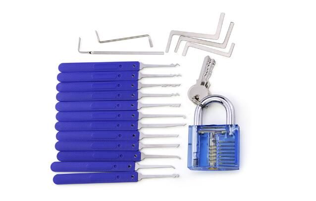 Unlocking Lock Pick Set Key Extractor Tool con Blue Practice Padlocks Lock Pick Strumenti fabbro