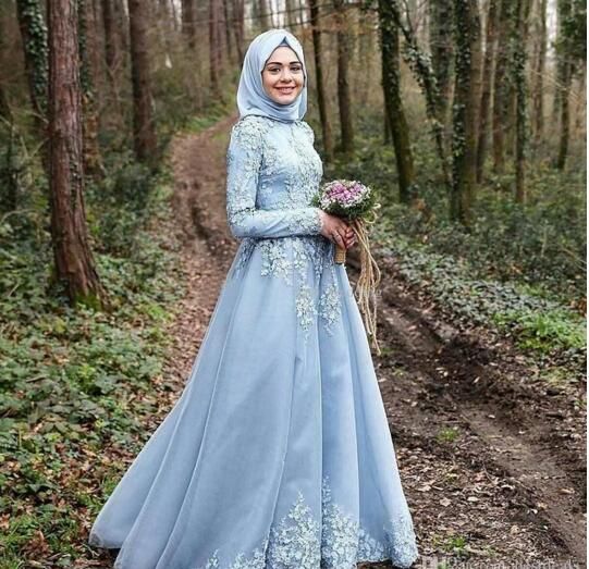 2017 Vestido Branco Sky Niebieski Z Długim Rękawem Muzułmański Suknie Wieczorowe Robe de Soiree Courte Hidżab Tureckie suknie wieczorowe z koronki