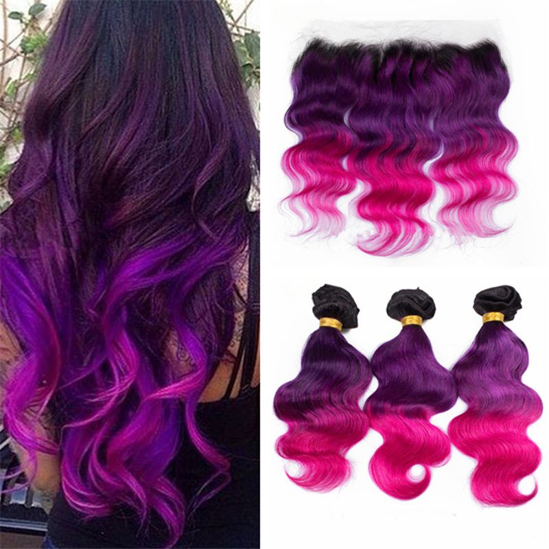 Dark Roots Purple Pink Ombre Lace Frontal Closure With Hair