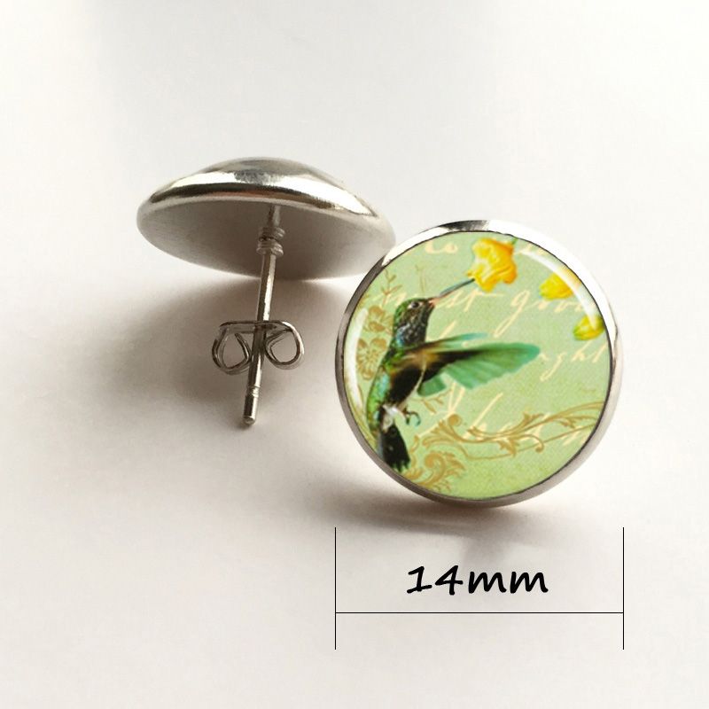 PINK FLAMINGO CABOCHON GLASS STUD EARRINGS 12MM