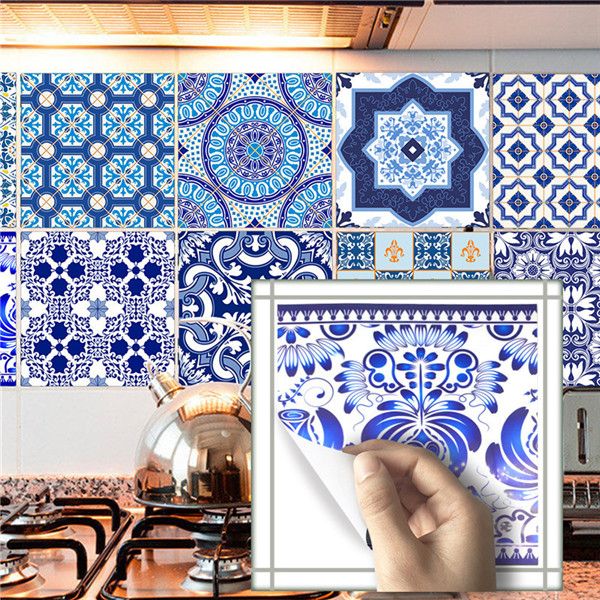 10pcs Set Classical Blue White Kitchen Oil Proof Wall Ceramic Tile Stickers Home Decor Decal Art Accessories Decorations Supplies Items