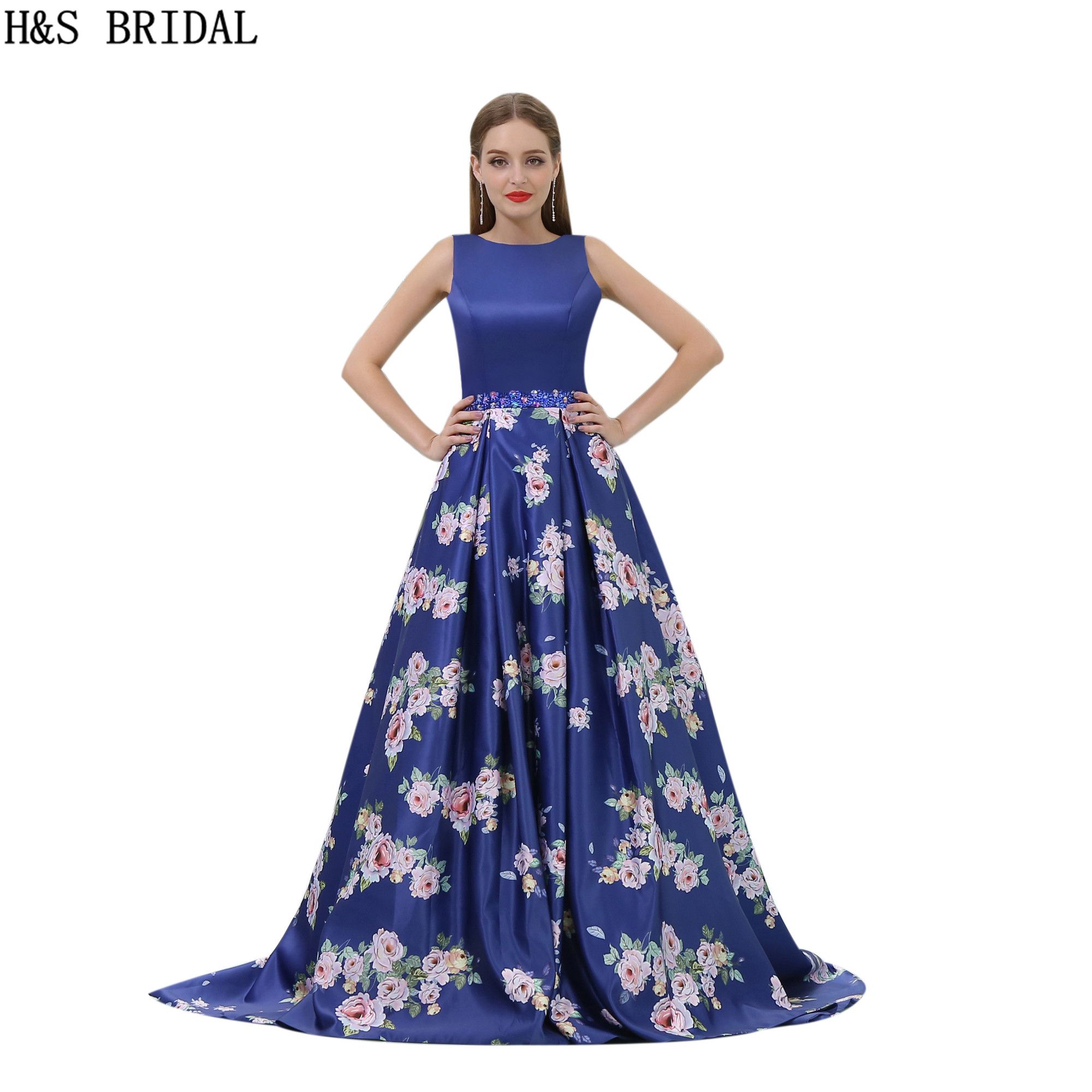  Pattern  Satin Prom  Dresses  Royal  Blue  Flower Printed Long 