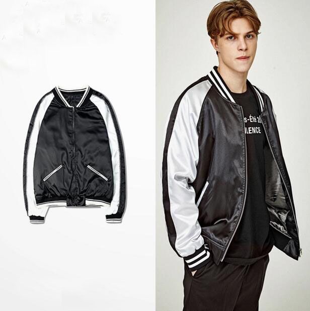 Fashion Silk Baseball Jacket Coat Woman Man Panelled Color Block White