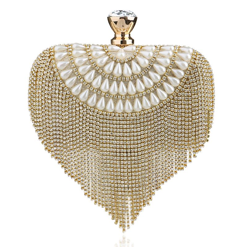 Womens Glitter Rhinestone Tassel Pearl Curve Clutch Crystal Tassel