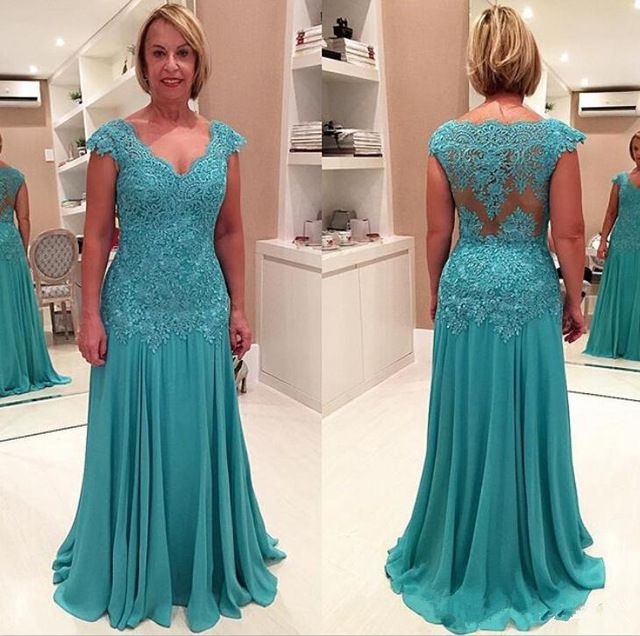 Turquoise Mother Of The Bride Dresses Lace Chiffon V Neck Cap Sleeve