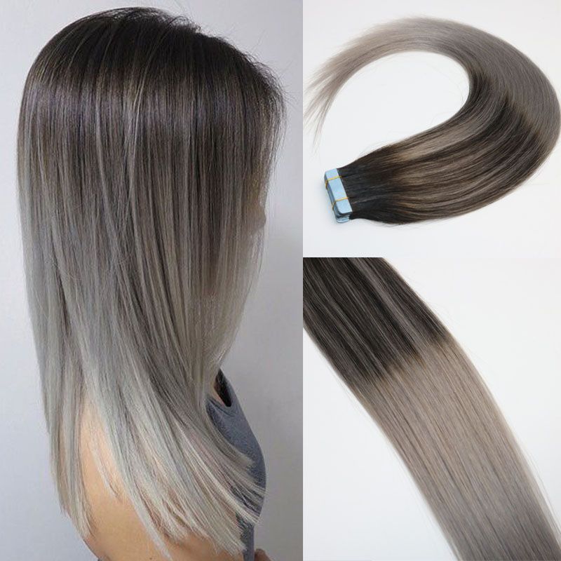 Balayage Ombre Color 2 Brown Fading To Grey Brazilian Remy Hair Glue Skin Weft Pu Tape Hair Extensions 16 18 20 22 24inch Human Hair Weave Uk Hair