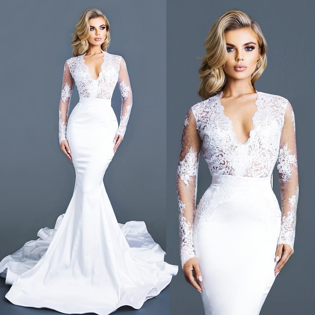 White Modest Wedding Dresses Sleeves Lace Deep V Neck Bridal Gown ...