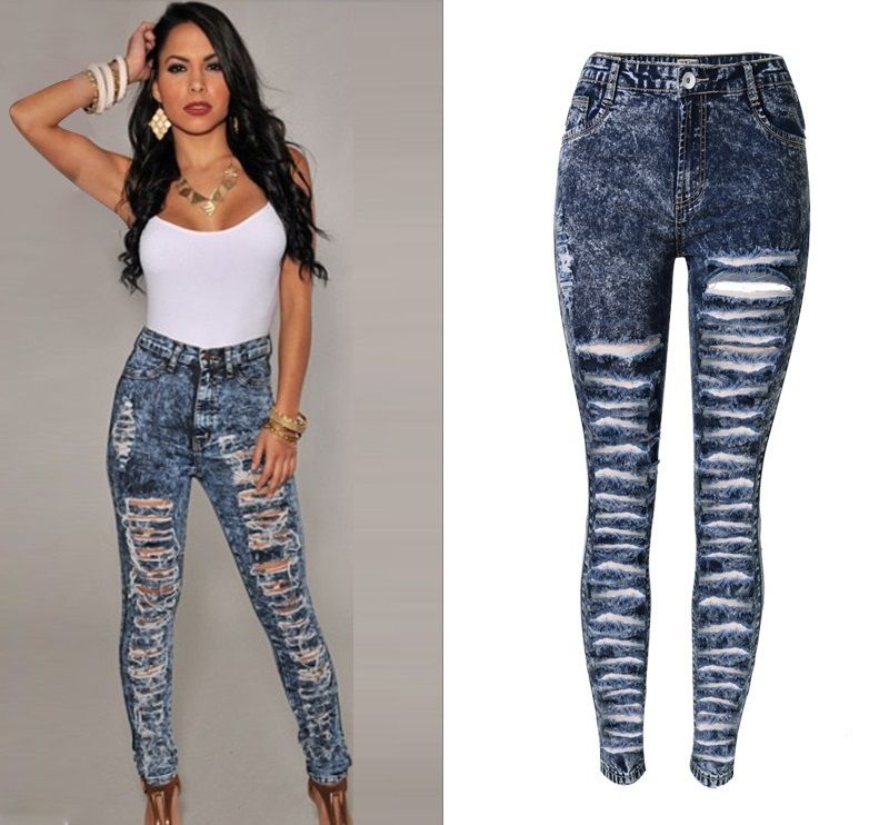 2019 Fashion Blue Sexy Ripped Jeans Women Plus Size Distressed High