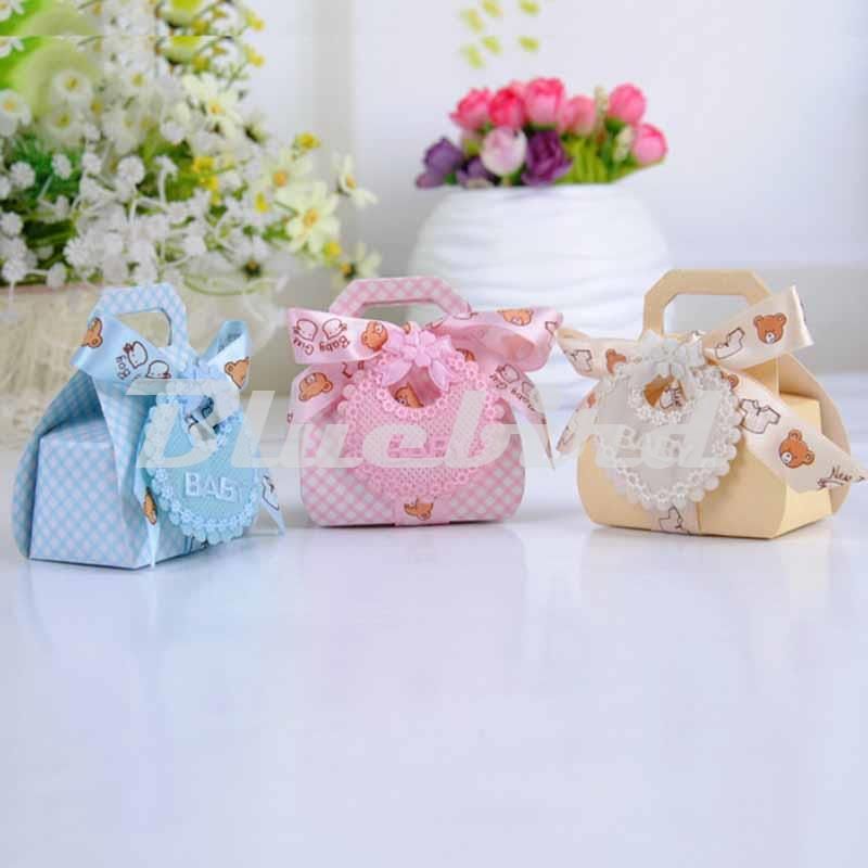 Whole Hot 12pcs Baby Shower Favors Candy Box 3 Color Decorations Gift Bags For Boy And Girl