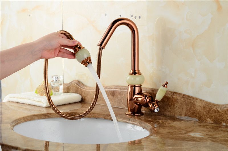 Luxury Rose Gold Pull Down Bathroom Sink Faucets Wholesale New Arrival Solid Brass Swivel Pull Out Spray Gooseneck Sink Mixer Tap