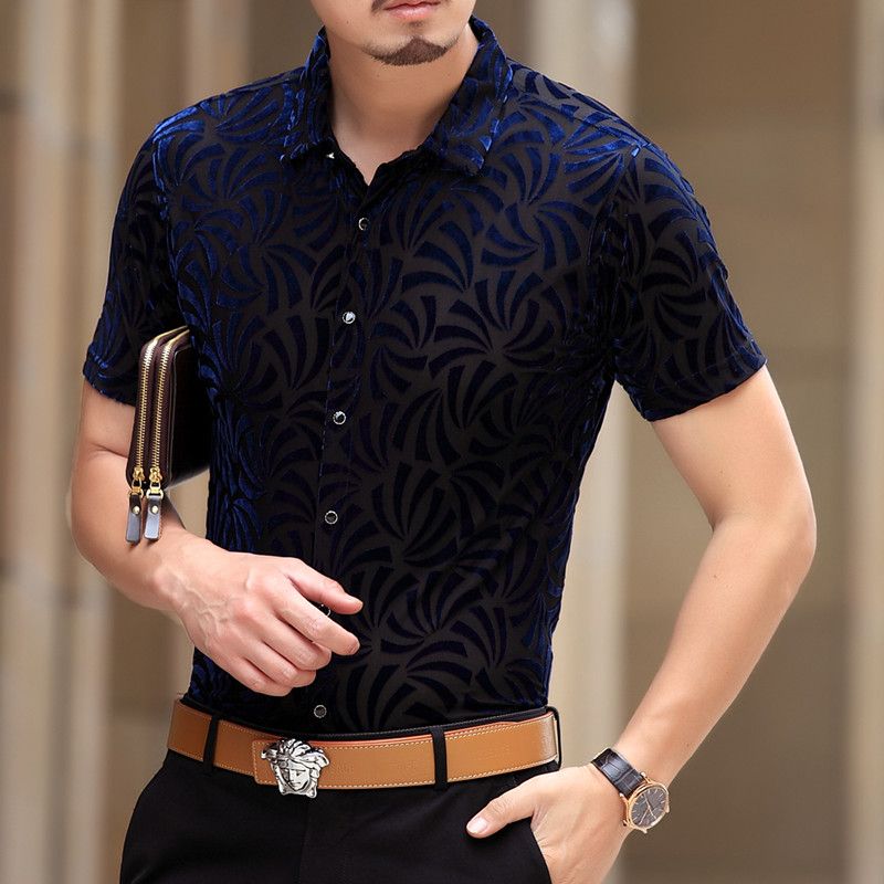 2018 Mens See Through Shirts Black Blue Velvet Shirts Men Summer Thin ...