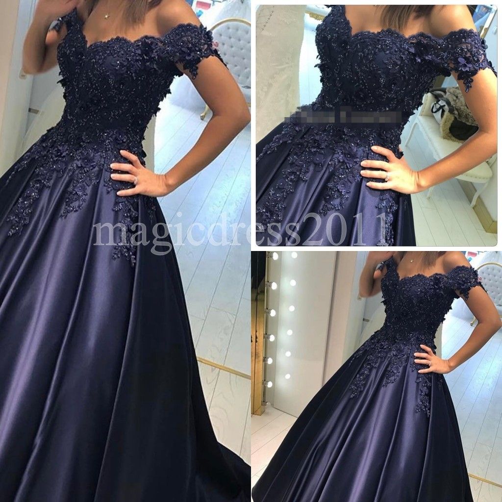 2016 Elegant Navy Blue Satin Ball Gown Arabic Evening Prom Dresses Off ...