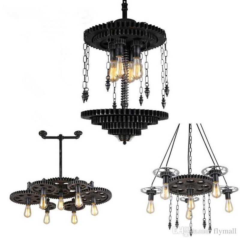 Vintage Loft Iron Gear Pendant Light Water Pipe Lamp Hanging Fixtures Suspension Bar Cafe Wrought