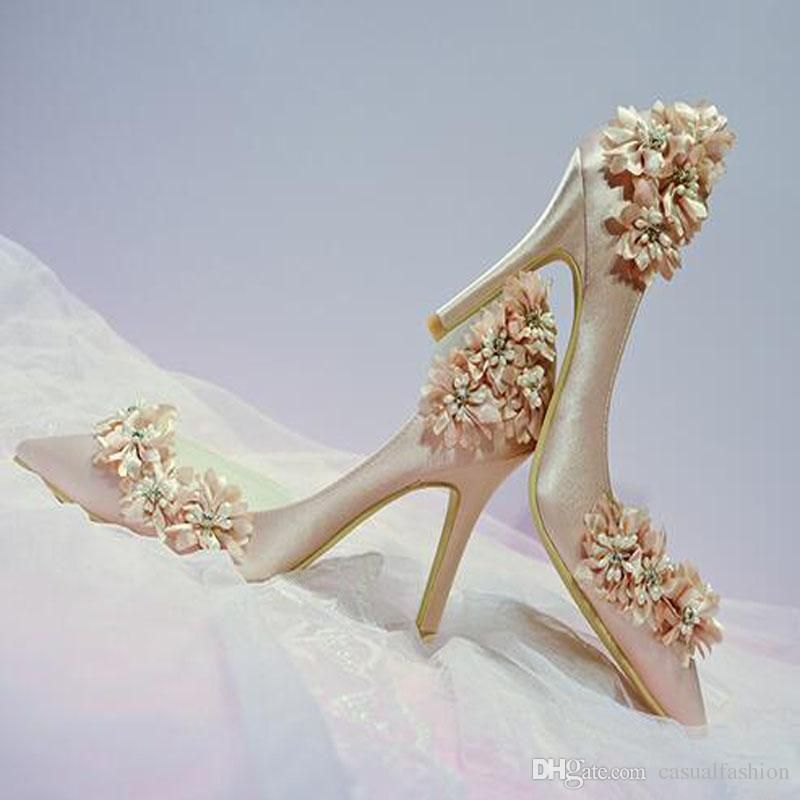 Fashion Designer Flower Champagne Wedding Bridal Shoes High Heels