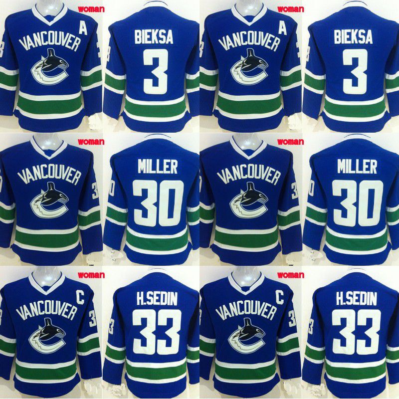 2018 Lady Vancouver Canucks Jersey 3 Kevin Bieksa 30 Ryan Miller 33