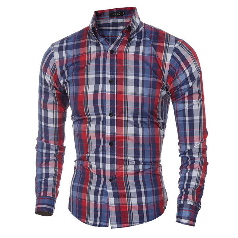 Hot Sales Classic Plaid Men's Dress Shirts Long Sleeve Square Collar