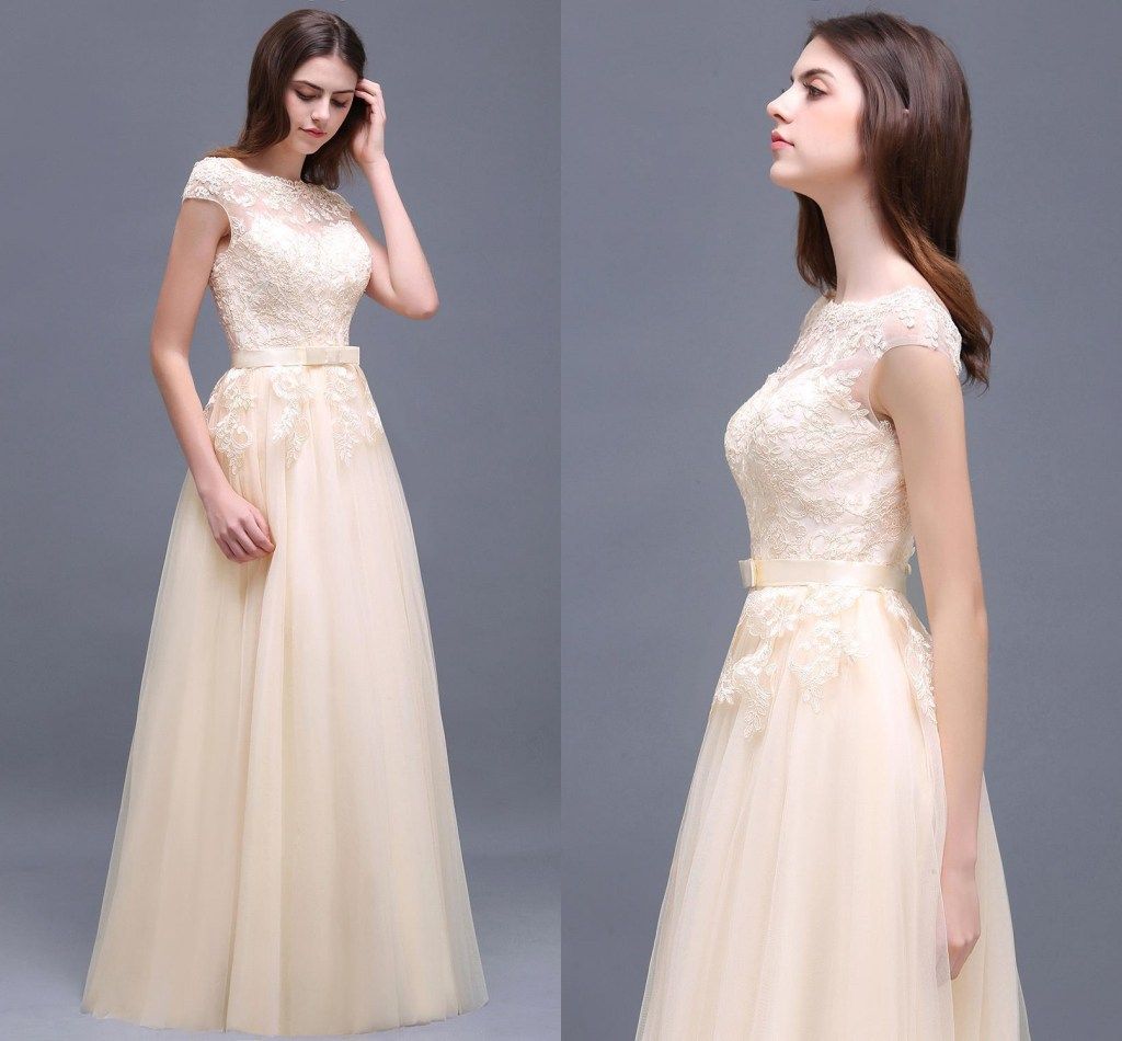 New Sexy Champagne Jewel Neck Tulle Floor Length Prom Dresses Lace ...