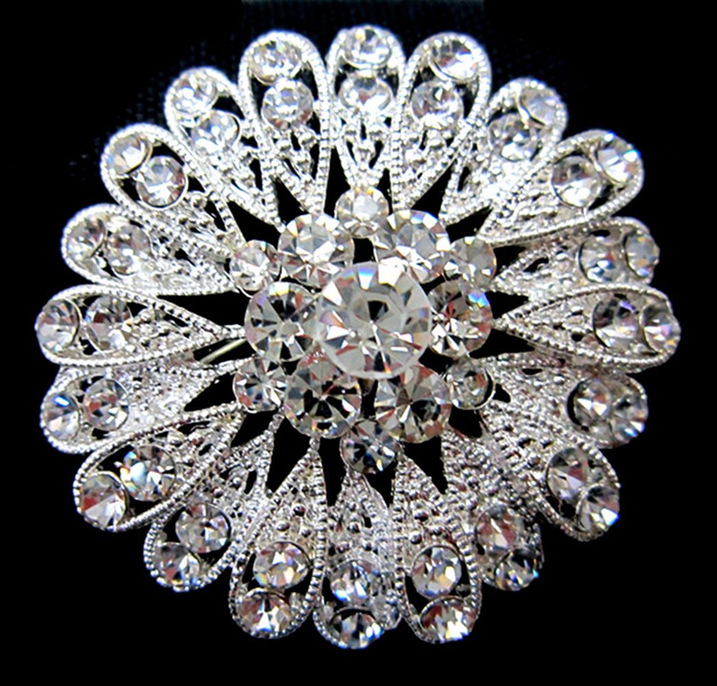 2019 1 75 Inch Sparkly Silver Plated Alloy And Clear Rhinestone Crystal Round Sun Flower Brooch