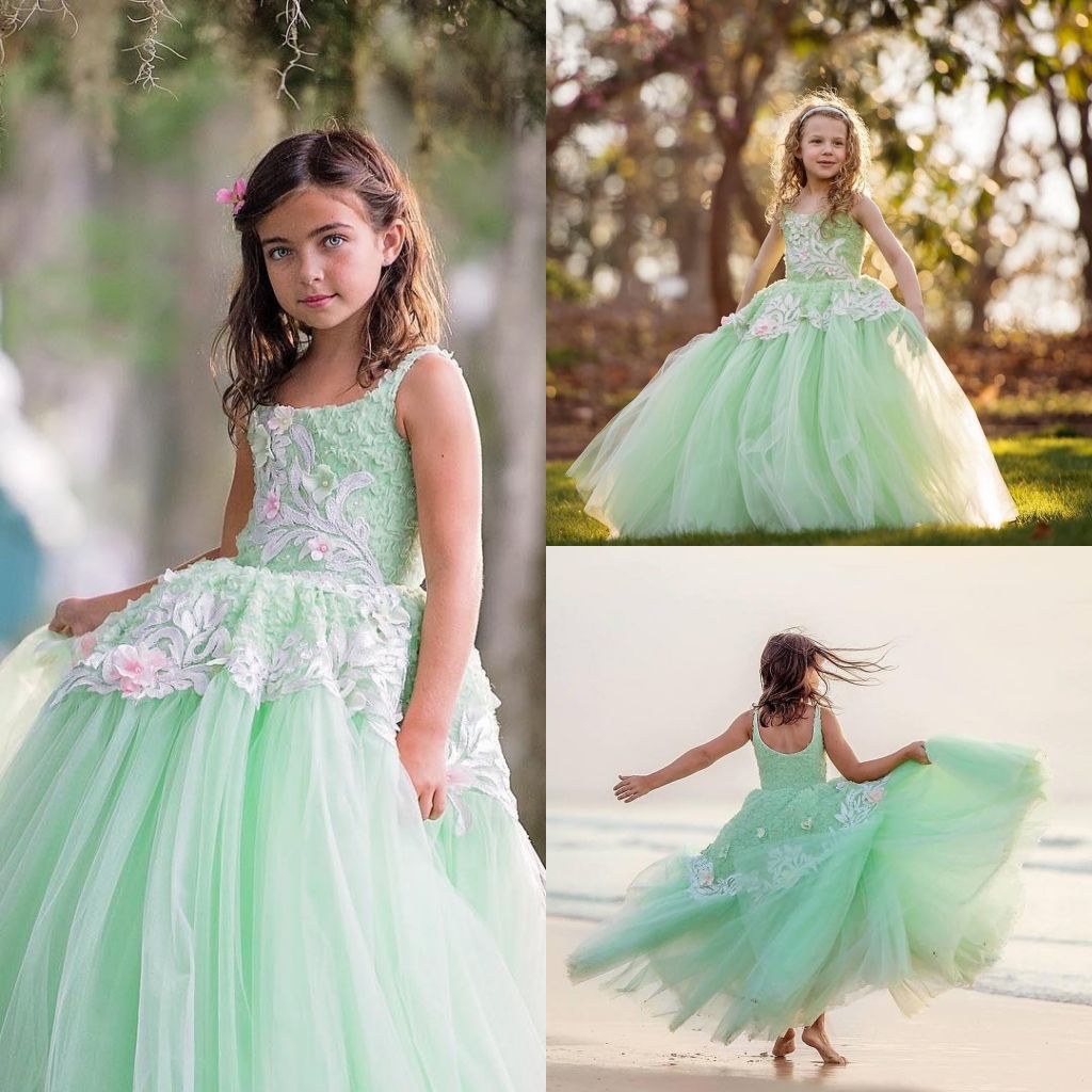 Adorable Little Girls Prom Dress Green Tulle Long Graduation Gown