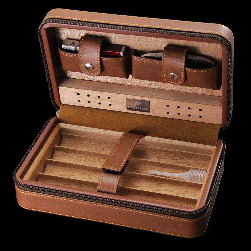 2019 Latest Version! COHIBA Brown Leather 4 Count Cedar Cigar Case