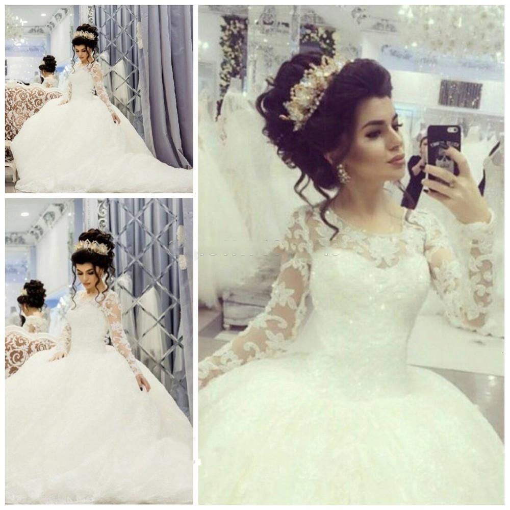 Romantic Wedding Dresses Royal Style Lace Long Sleeves Bridal