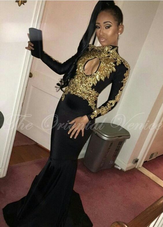 black prom dress with gold sequins