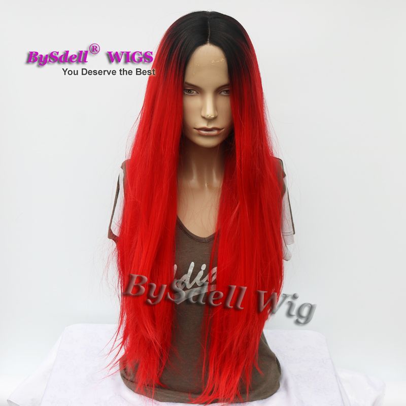 New Bright Red Color Hair Wig With Black Roots Synthetic Two Tone