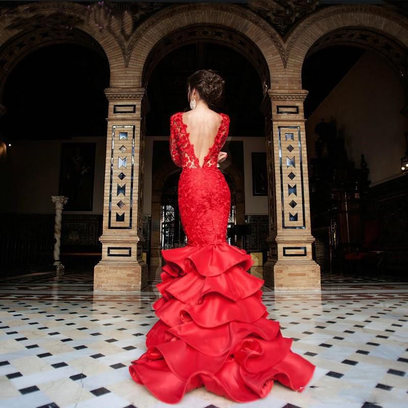 Elegante rode kant prom dresses 2017 sexy open rug lange mouwen tiered avondjurken zeemeermin vloer lengte formele pageant jurk