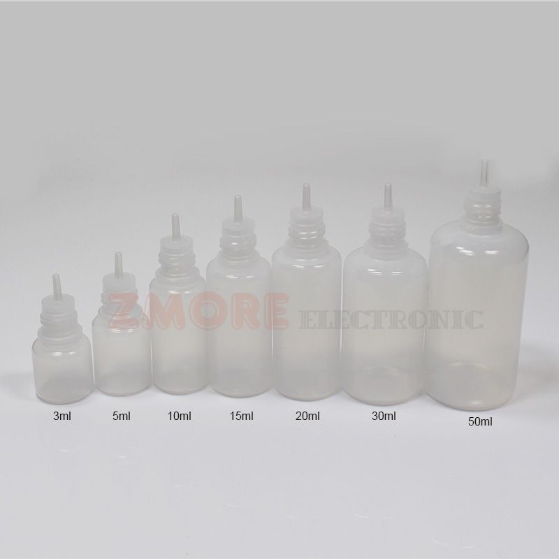 För Vape Oil E cig flytande flaskor 5 ml 10 ml 20 ml 30 ml Tomma Dropper LDPE plast barnsäker kepsar långa tunna nålstips