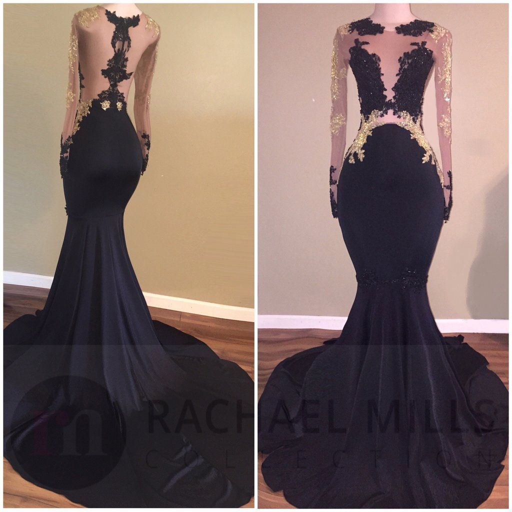 black and gold mermaid prom dress