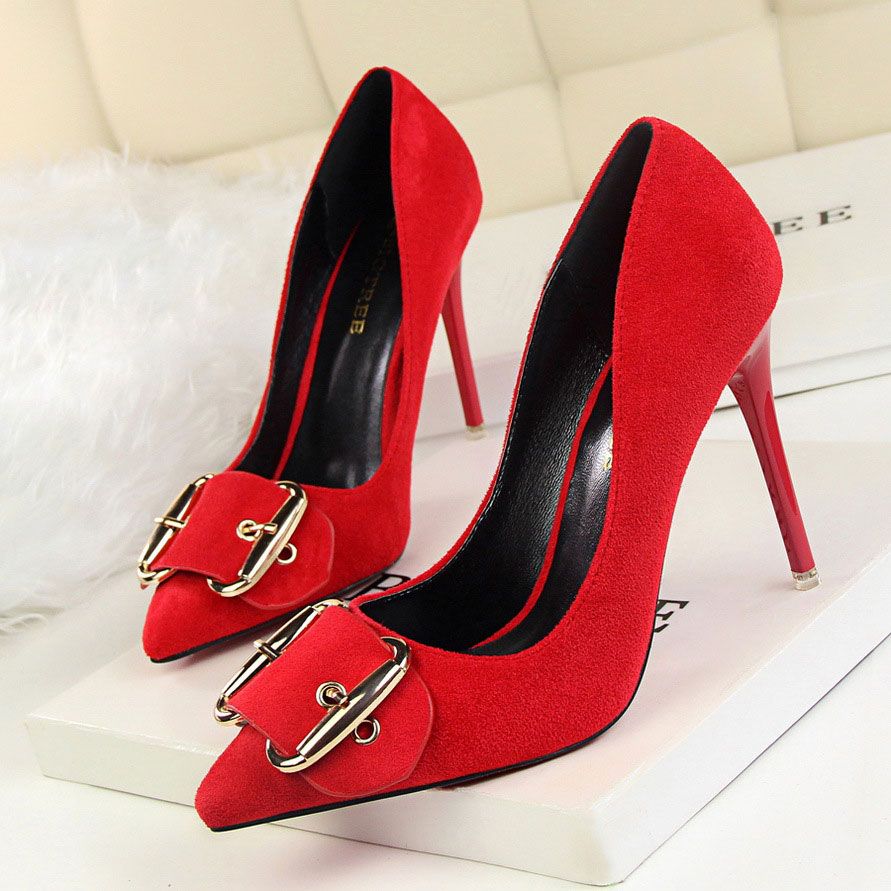Buckle Lady Dress Shoes Sexy Women Pointed Toes PU Leather High Heels