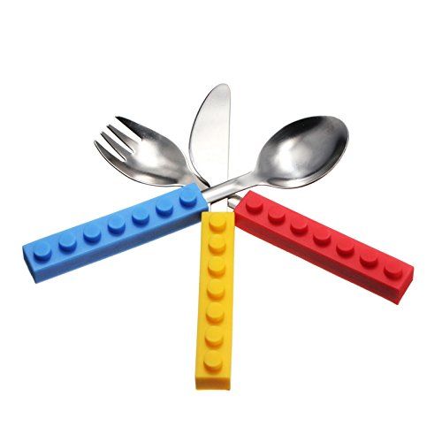 Kids Spoon Fork Knife Interlocking Brick Utensil Lego Bricks Silicone