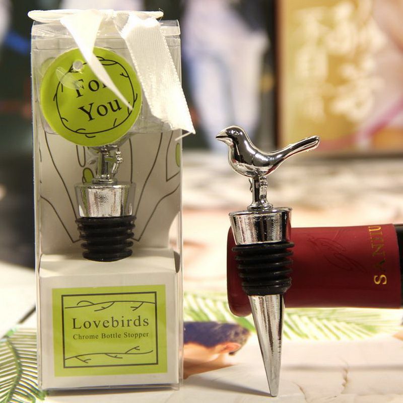Lovebirds Chrome Bottle Stopper Wedding Bridal Shower Party Favor Guest Gift Silver Love Birds