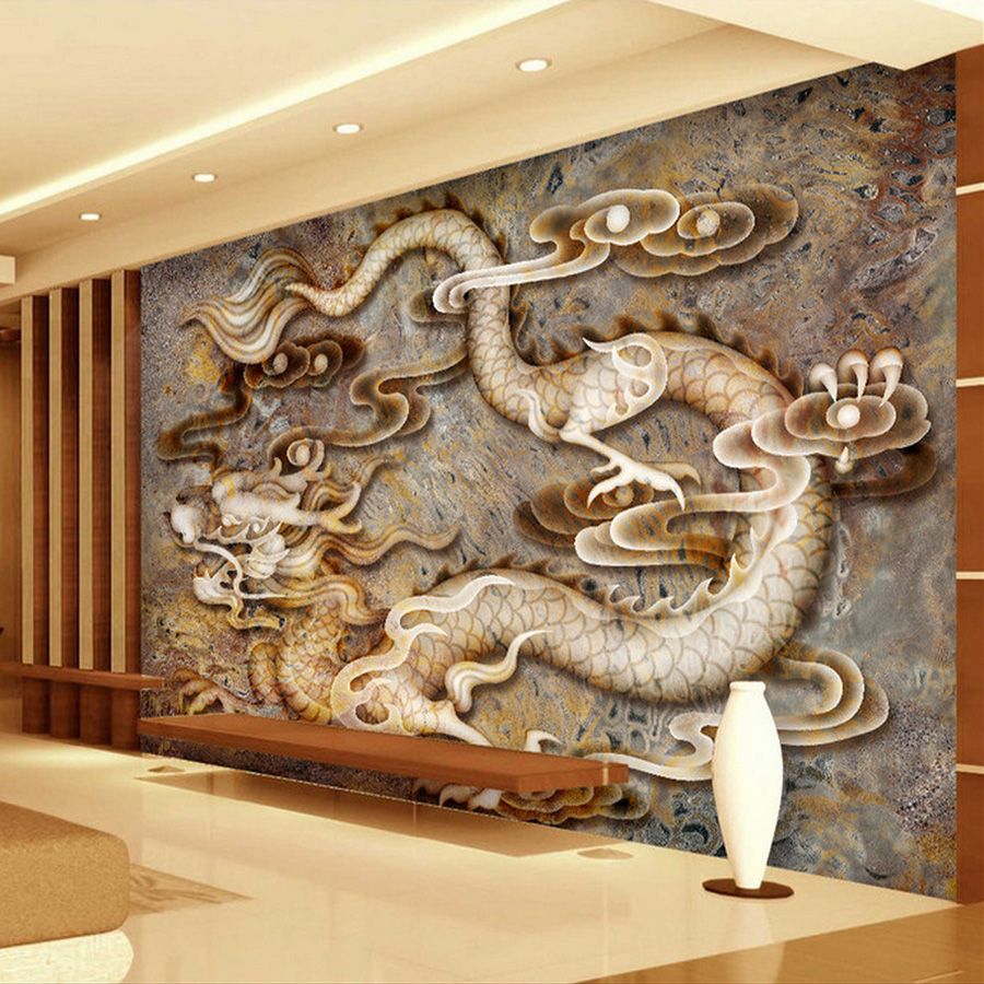 Custom 3d Wallpaper Carved Dragon Marble Wall Mural Chinese Style