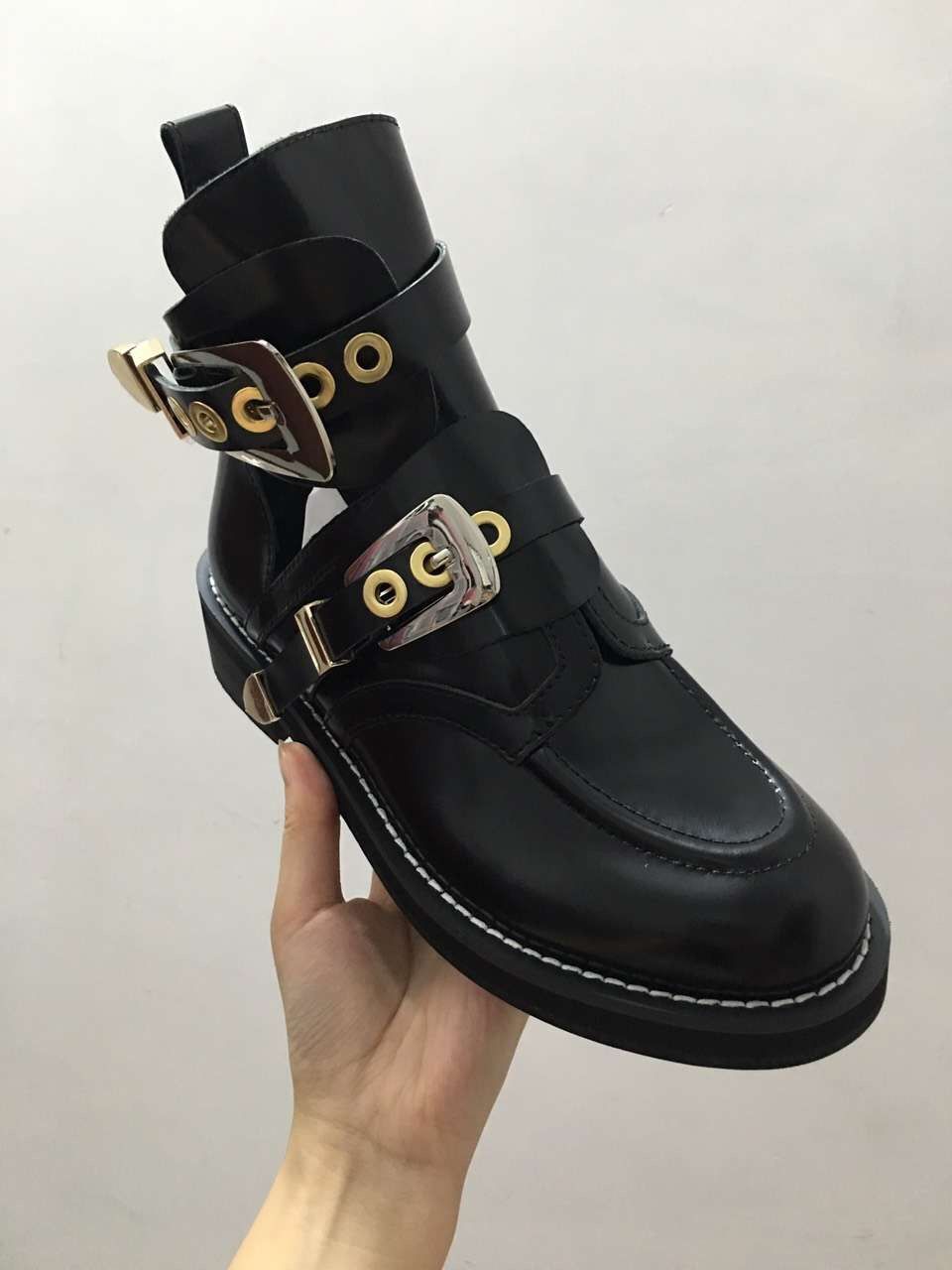 2016 Winter Fall Ranger Boots Women Cut Out Biker Boots Buckle Black Leather Ladies Real Leather ...