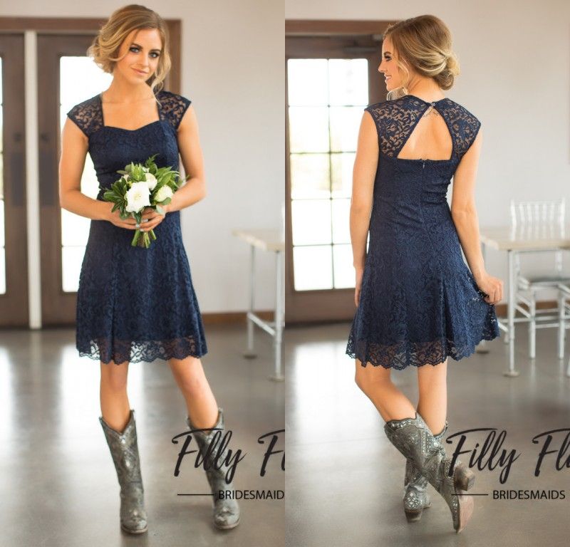 2017 Short Navy Blue Lace Bridesmaid Dresses Capped Sleeves Knee ... 2017 Short Navy Blue Lace Bridesmaid Dresses Capped Sleeves Knee ...