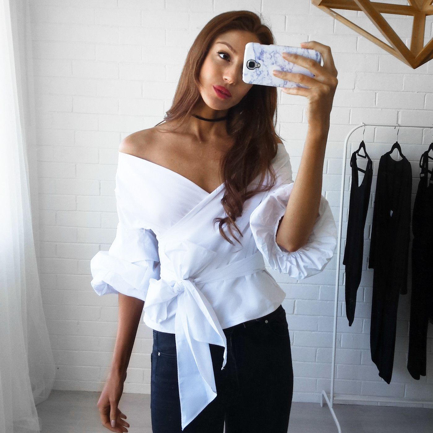 Bow Tie Solid Chiffon Blouse Long Sleeve Shirt Elegant