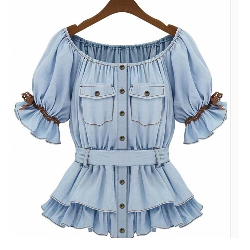women's short sleeve denim tops