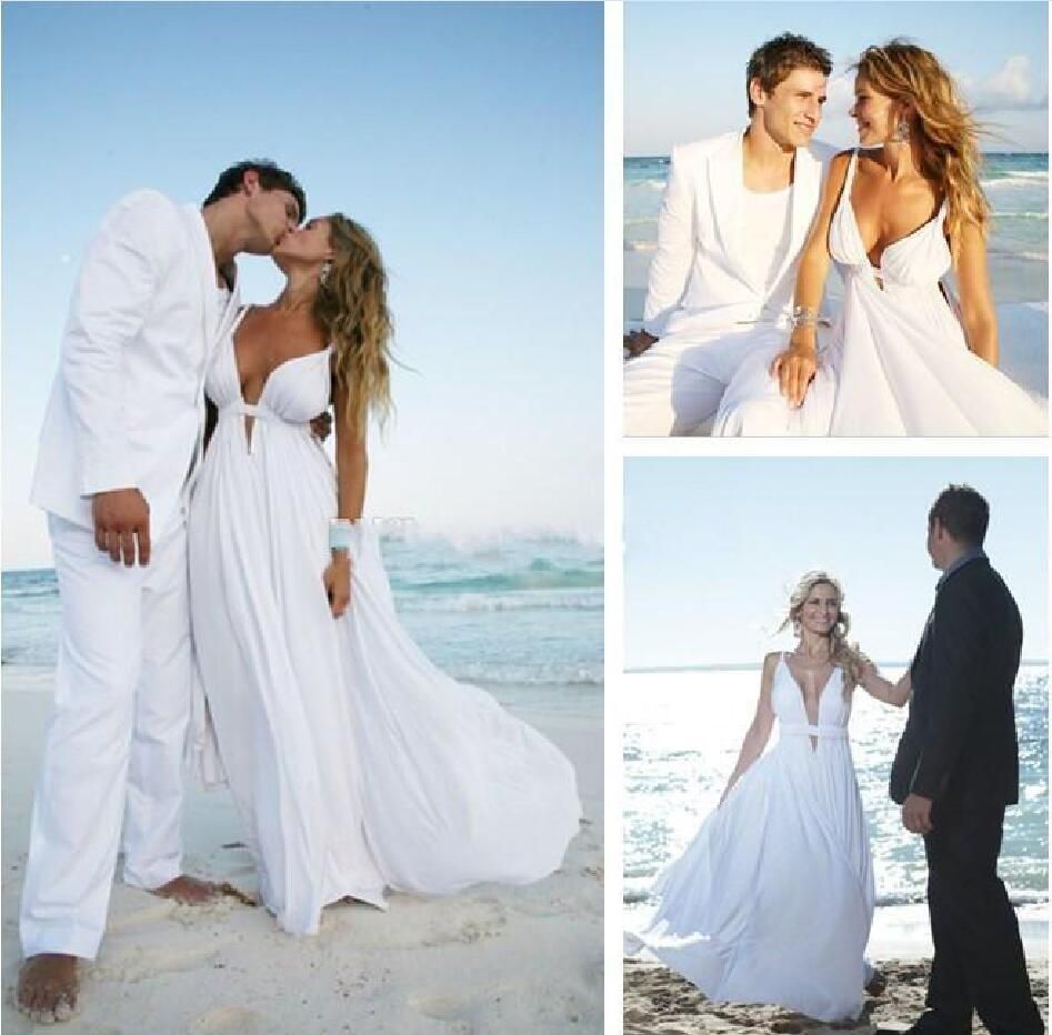 Discount Cheap 2017 Chiffon Beach Wedding Dresses Spaghetti Straps