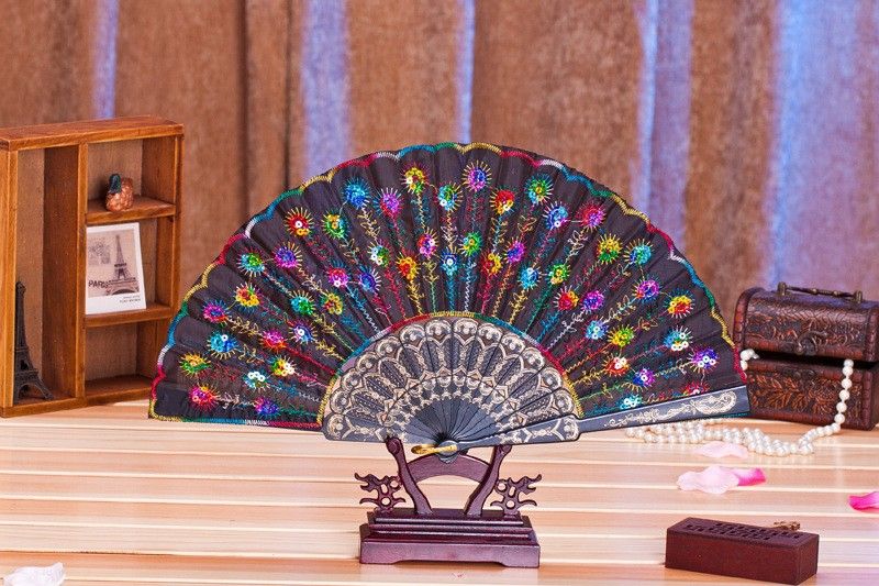 Plastic Embroidered Sequins Folding Flower Lace Fan Dance Hand