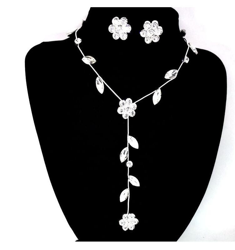 Elegante Flor Cristal Estrás Cadena Collar Pendiente Conjunto