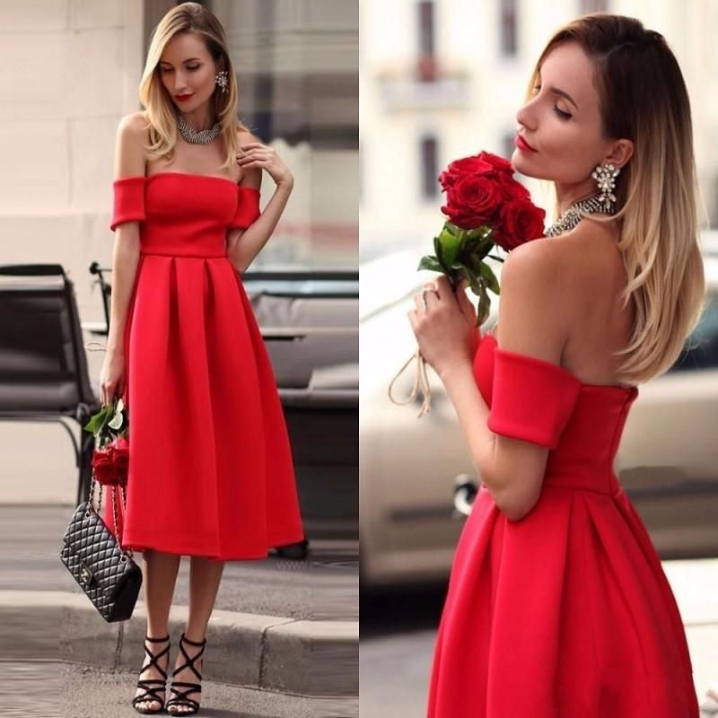 red satin tea length dress